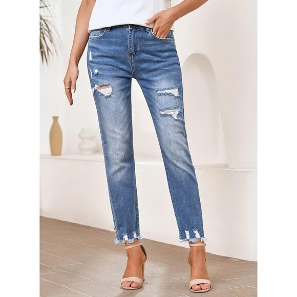 Women’s High Waisted Ripped Distressed Stretch Denim Ankle Jeans - Picture 2 of 6